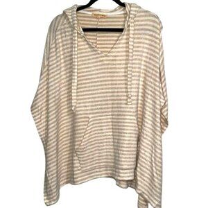 Striped Beige & White Hooded Poncho By Mesh + Lace L Polyester/Rayon/Spandex Ble